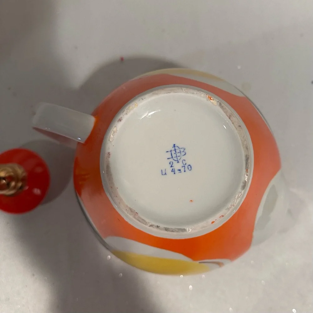 Vintage 60s Pop Atomic Orange and Yellow Porcelain Teapot Gold Trim